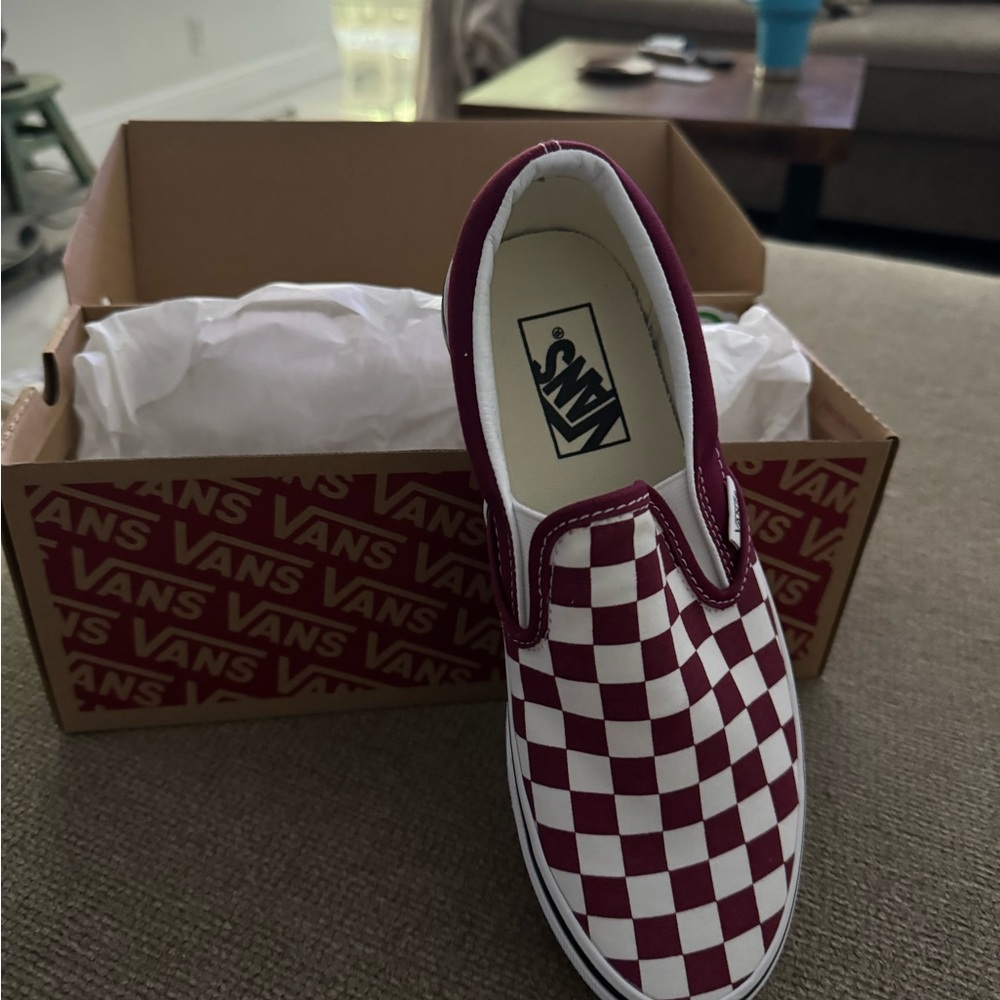 Vans Red and White Athletic Slip-On Shoes Checkerboard Design